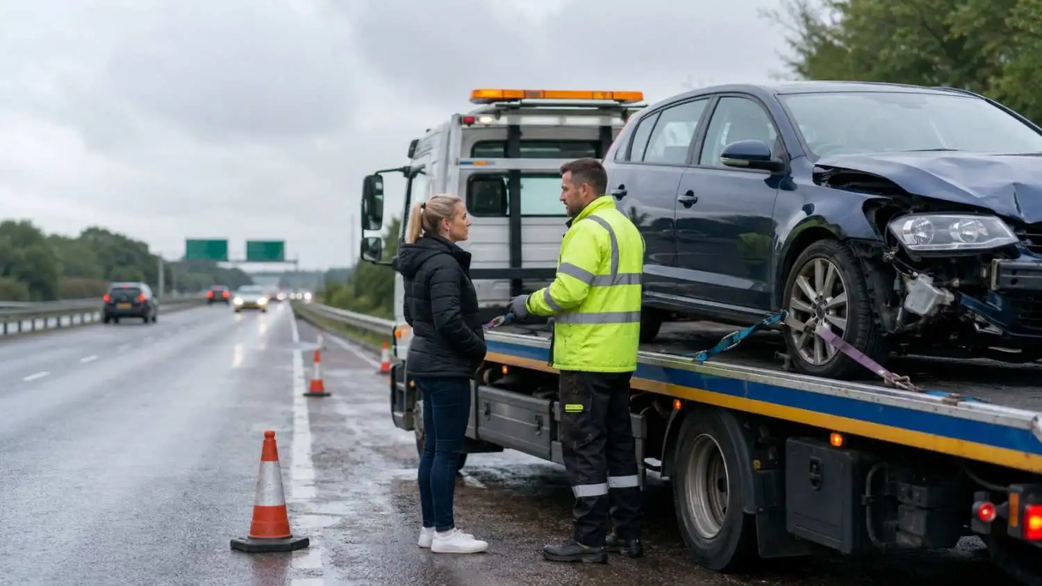 Accident recovery truck attending a damaged vehicle safely
