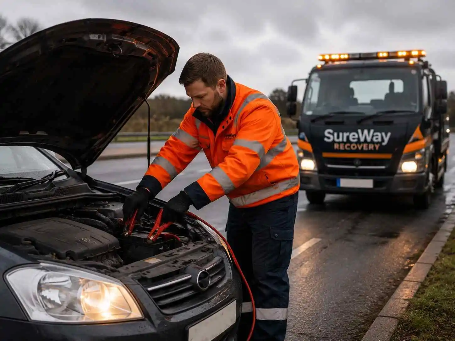 Technician providing a safe battery jump start service