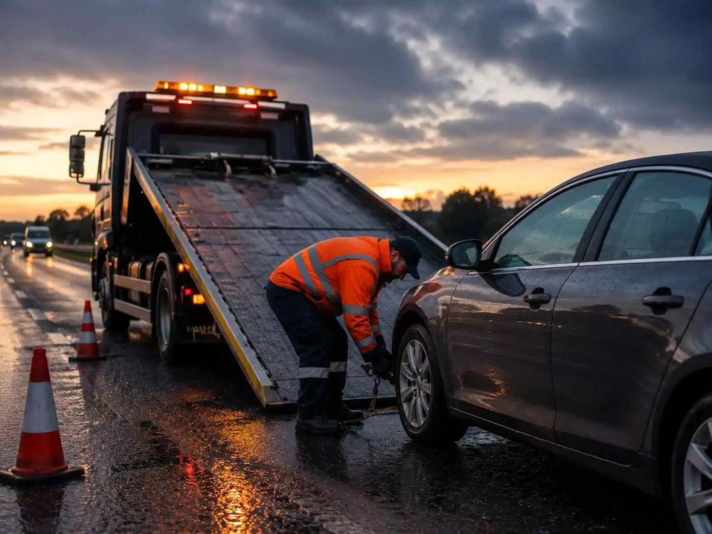 Recovery technician helping with breakdown recovery at the roadside