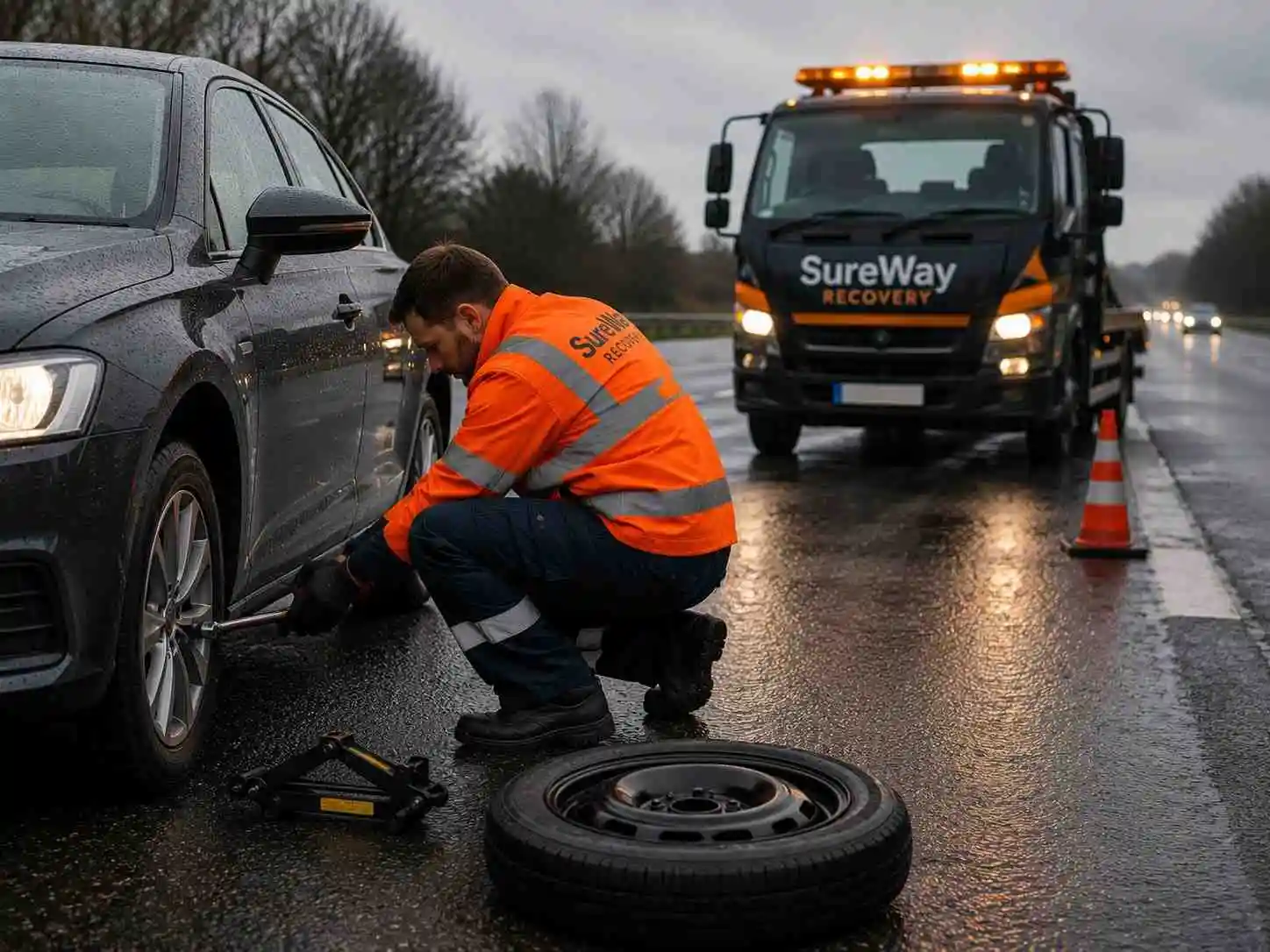Roadside technician helping with a flat tyre