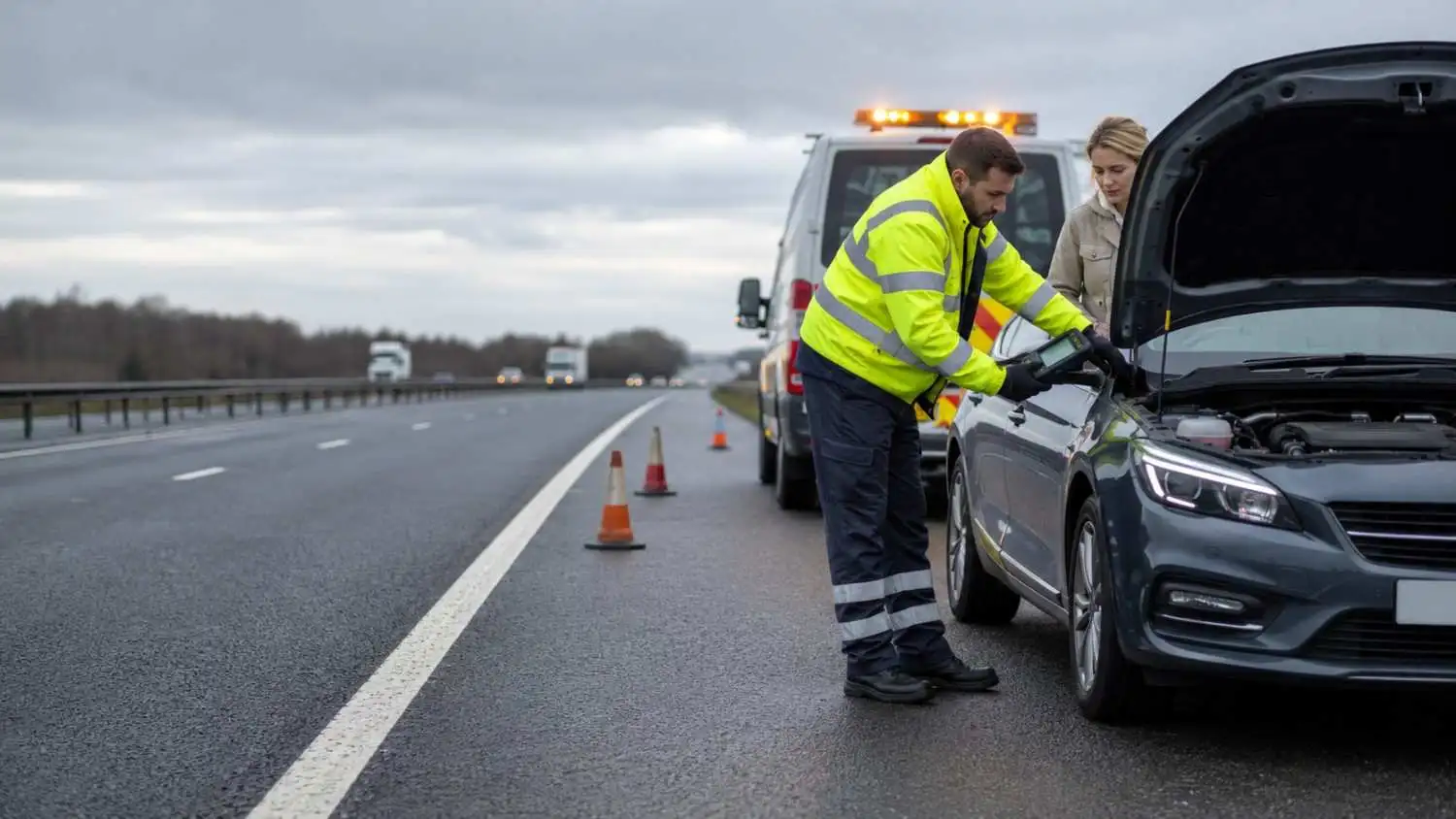 Roadside assistance technician checking a vehicle