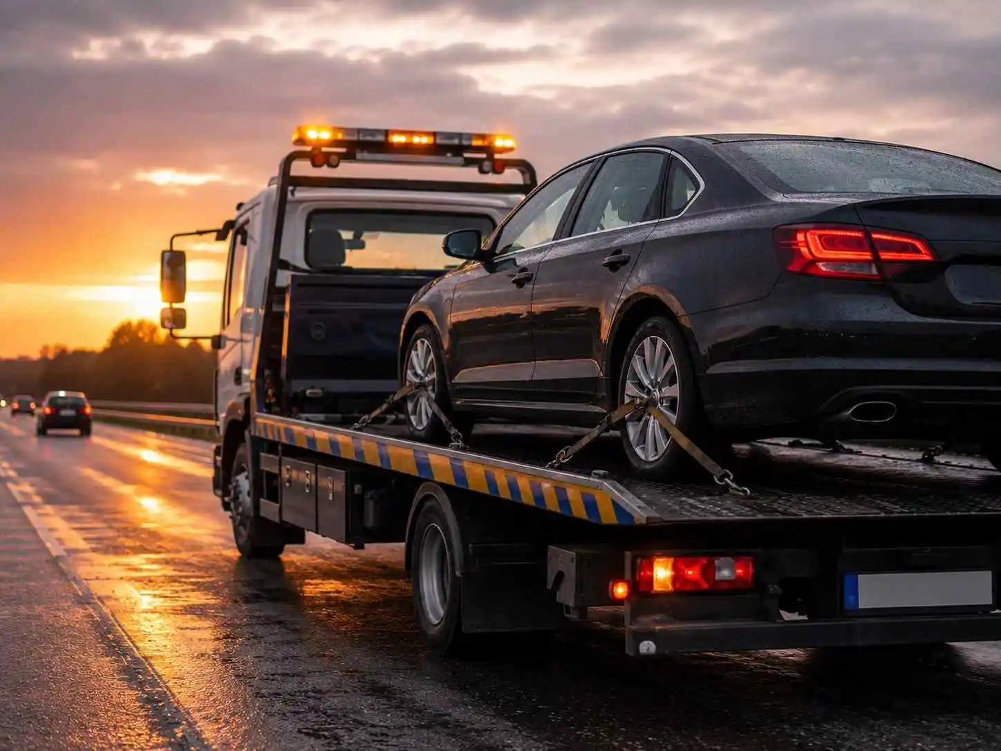Flatbed recovery truck prepared for vehicle towing across the UK